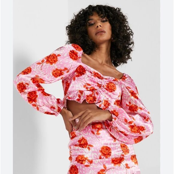 TOPSHOP Long Sleeve Satin Red and Pink Floral Crop Top Size 4 - Picture 1 of 7